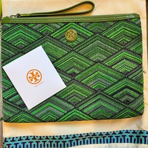 Tory Burch Vibrant Green Patterned Pouch